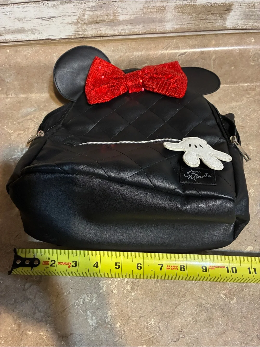 Disney Black Quilted Kids Backpack with Red Sequin Bow